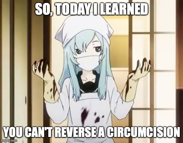That Was Viking, Right There | SO, TODAY I LEARNED; YOU CAN'T REVERSE A CIRCUMCISION | image tagged in bloody mero,anime,circumcision,oops,oh well,memes | made w/ Imgflip meme maker