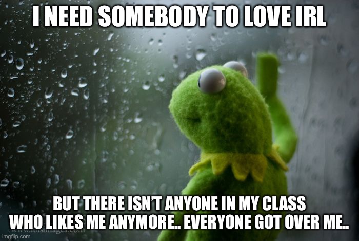 And I’m not in any social group | I NEED SOMEBODY TO LOVE IRL; BUT THERE ISN’T ANYONE IN MY CLASS WHO LIKES ME ANYMORE.. EVERYONE GOT OVER ME.. | image tagged in kermit window | made w/ Imgflip meme maker