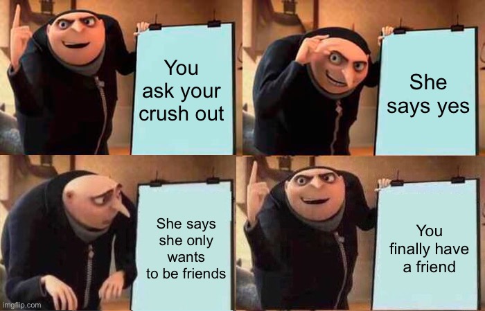 Hmmm | You ask your crush out; She says yes; She says she only wants to be friends; You finally have a friend | image tagged in memes,gru's plan | made w/ Imgflip meme maker