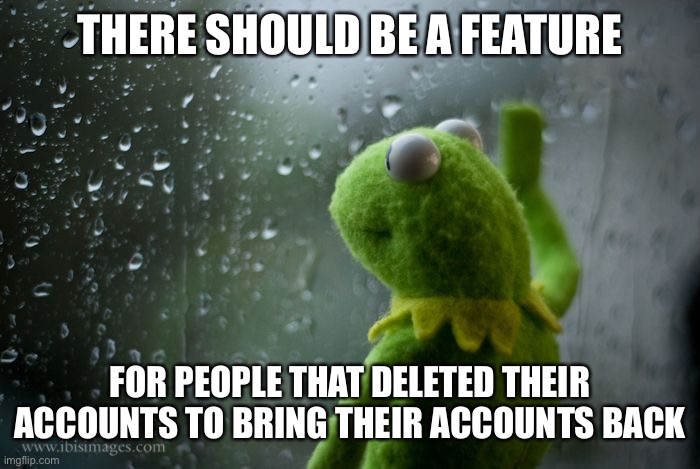 kermit window | THERE SHOULD BE A FEATURE; FOR PEOPLE THAT DELETED THEIR ACCOUNTS TO BRING THEIR ACCOUNTS BACK | image tagged in kermit window | made w/ Imgflip meme maker