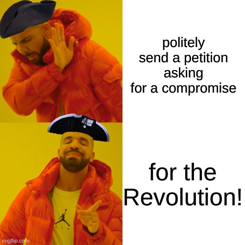 Drake Hotline Bling | politely send a petition asking for a compromise; for the Revolution! | image tagged in memes,drake hotline bling | made w/ Imgflip meme maker