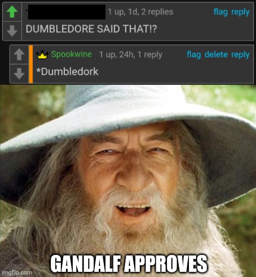 GANDALF APPROVES | image tagged in a wizard is never late,dumbledore,dork,lotr,harry potter | made w/ Imgflip meme maker