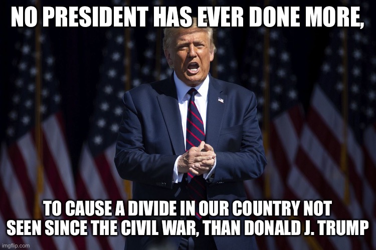 Trump Divides | NO PRESIDENT HAS EVER DONE MORE, TO CAUSE A DIVIDE IN OUR COUNTRY NOT SEEN SINCE THE CIVIL WAR, THAN DONALD J. TRUMP | image tagged in donald trump | made w/ Imgflip meme maker