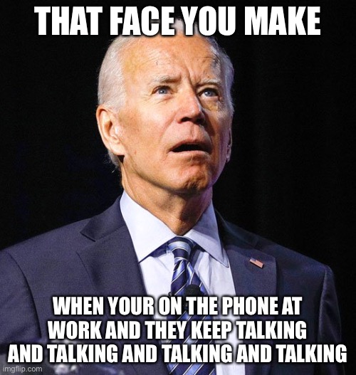 Joe Biden | THAT FACE YOU MAKE; WHEN YOUR ON THE PHONE AT WORK AND THEY KEEP TALKING AND TALKING AND TALKING AND TALKING | image tagged in joe biden,memes,funny,work,customer service | made w/ Imgflip meme maker