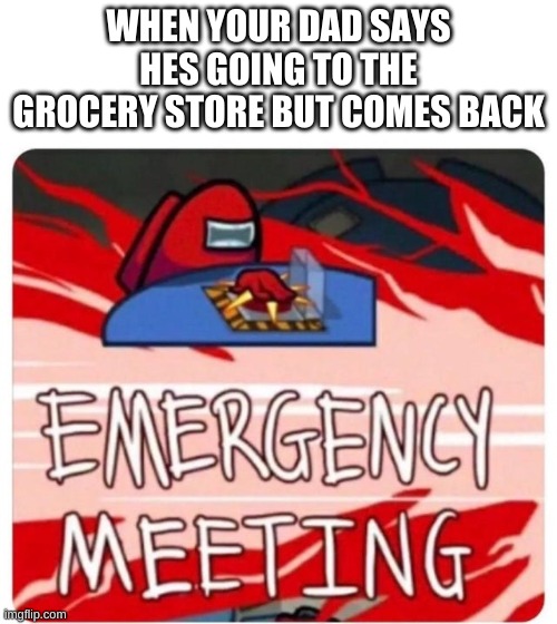 wow | WHEN YOUR DAD SAYS HES GOING TO THE GROCERY STORE BUT COMES BACK | image tagged in emergency meeting among us | made w/ Imgflip meme maker