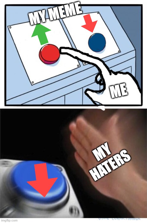 two buttons 1 blue | MY MEME; ME; MY HATERS | image tagged in two buttons 1 blue | made w/ Imgflip meme maker