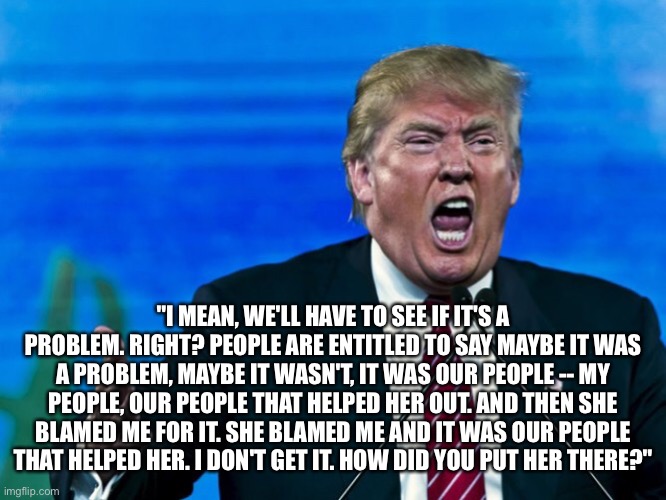 FBI thwarted a plot to kidnap Whitmer... | "I MEAN, WE'LL HAVE TO SEE IF IT'S A PROBLEM. RIGHT? PEOPLE ARE ENTITLED TO SAY MAYBE IT WAS A PROBLEM, MAYBE IT WASN'T, IT WAS OUR PEOPLE -- MY PEOPLE, OUR PEOPLE THAT HELPED HER OUT. AND THEN SHE BLAMED ME FOR IT. SHE BLAMED ME AND IT WAS OUR PEOPLE THAT HELPED HER. I DON'T GET IT. HOW DID YOU PUT HER THERE?" | image tagged in trump yelling,memes | made w/ Imgflip meme maker