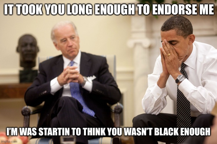Obama Biden Hands | IT TOOK YOU LONG ENOUGH TO ENDORSE ME; I’M WAS STARTIN TO THINK YOU WASN’T BLACK ENOUGH | image tagged in obama biden hands | made w/ Imgflip meme maker