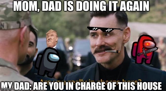 Are you really in charge here? | MOM, DAD IS DOING IT AGAIN; MY DAD: ARE YOU IN CHARGE OF THIS HOUSE | image tagged in are you really in charge here | made w/ Imgflip meme maker