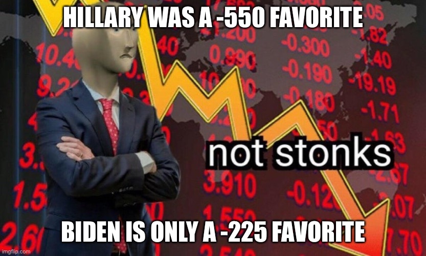 Not stonks | HILLARY WAS A -550 FAVORITE BIDEN IS ONLY A -225 FAVORITE | image tagged in not stonks | made w/ Imgflip meme maker