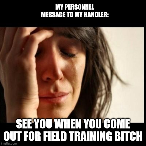 Sad girl meme | MY PERSONNEL MESSAGE TO MY HANDLER:; SEE YOU WHEN YOU COME OUT FOR FIELD TRAINING BITCH | image tagged in sad girl meme | made w/ Imgflip meme maker