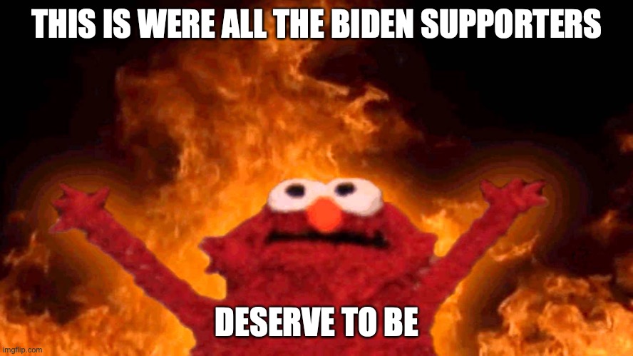 People who vote for Biden | THIS IS WERE ALL THE BIDEN SUPPORTERS; DESERVE TO BE | image tagged in elmo fire | made w/ Imgflip meme maker