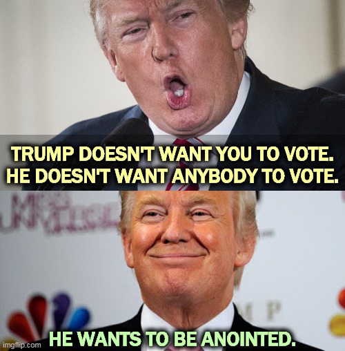 See what happens when you take too much hydroxychloroquine? | TRUMP DOESN'T WANT YOU TO VOTE.
HE DOESN'T WANT ANYBODY TO VOTE. HE WANTS TO BE ANOINTED. | image tagged in donald trump approves,trump,insane | made w/ Imgflip meme maker