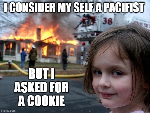 Disaster Girl | I CONSIDER MY SELF A PACIFIST; BUT I ASKED FOR A COOKIE | image tagged in memes,disaster girl | made w/ Imgflip meme maker