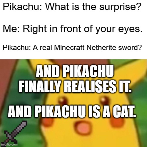 Surprised Pikachu Meme | Pikachu: What is the surprise? Me: Right in front of your eyes. Pikachu: A real Minecraft Netherite sword? AND PIKACHU FINALLY REALISES IT. AND PIKACHU IS A CAT. | image tagged in memes,surprised pikachu | made w/ Imgflip meme maker