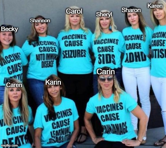A group of Karens is called a Facebook | Karen; Sharon; Carol; Sheryl; Shannon; Becky; Carin; Karin; Caren | image tagged in karen,i want to speak to the manager,vaccines cause autism,bill gates loves vaccines,chemtrails,5g | made w/ Imgflip meme maker