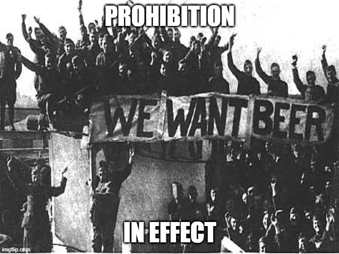 Prohibition in effect | PROHIBITION; IN EFFECT | image tagged in we want beer | made w/ Imgflip meme maker