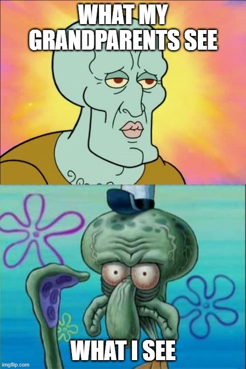 Squidward Meme | WHAT MY GRANDPARENTS SEE; WHAT I SEE | image tagged in memes,squidward | made w/ Imgflip meme maker
