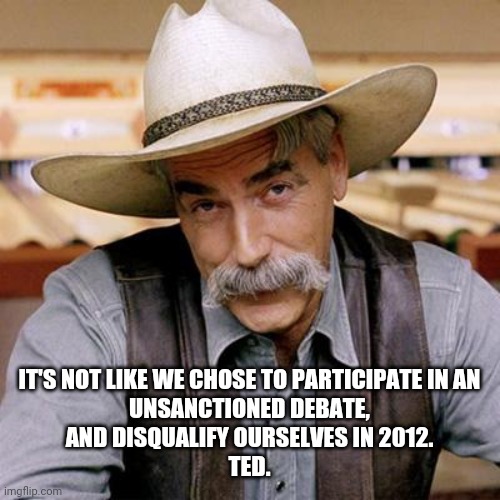 SARCASM COWBOY | IT'S NOT LIKE WE CHOSE TO PARTICIPATE IN AN
 UNSANCTIONED DEBATE, 
AND DISQUALIFY OURSELVES IN 2012.
TED. | image tagged in sarcasm cowboy | made w/ Imgflip meme maker