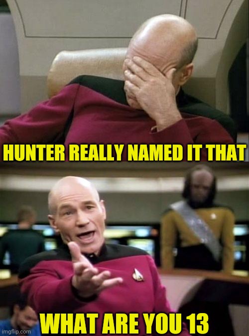 HUNTER REALLY NAMED IT THAT WHAT ARE YOU 13 | image tagged in memes,picard wtf,captain picard facepalm | made w/ Imgflip meme maker