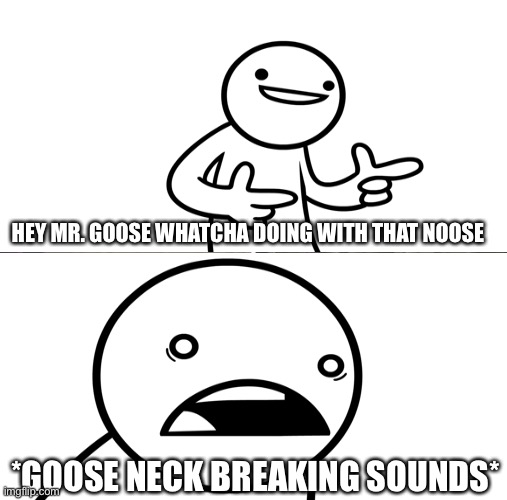 Hey there | HEY MR. GOOSE WHATCHA DOING WITH THAT NOOSE; *GOOSE NECK BREAKING SOUNDS* | image tagged in asdfmovie | made w/ Imgflip meme maker