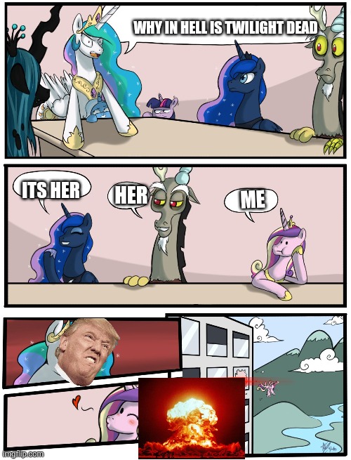 Who is twilites killer | WHY IN HELL IS TWILIGHT DEAD; ITS HER; HER; ME | image tagged in boardroom meeting suggestion pony version | made w/ Imgflip meme maker