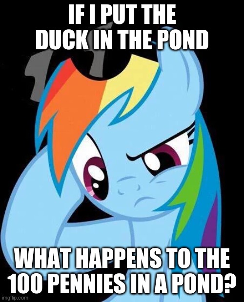 Pennies vs. ducks | IF I PUT THE DUCK IN THE POND; WHAT HAPPENS TO THE 100 PENNIES IN A POND? | image tagged in confused rainbow dash,pennies,ducks,memes,nonsense | made w/ Imgflip meme maker
