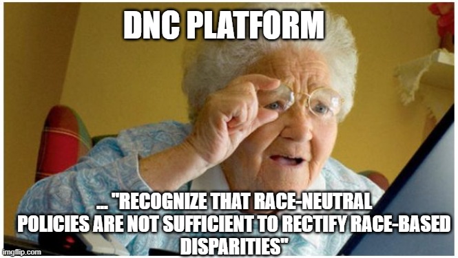 can't read grandma | DNC PLATFORM; ... "RECOGNIZE THAT RACE-NEUTRAL POLICIES ARE NOT SUFFICIENT TO RECTIFY RACE-BASED
DISPARITIES" | image tagged in can't read grandma | made w/ Imgflip meme maker