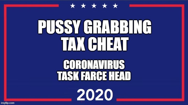 Blank Trump 2020 | PUSSY GRABBING
TAX CHEAT; CORONAVIRUS
TASK FARCE HEAD | image tagged in blank trump 2020 | made w/ Imgflip meme maker