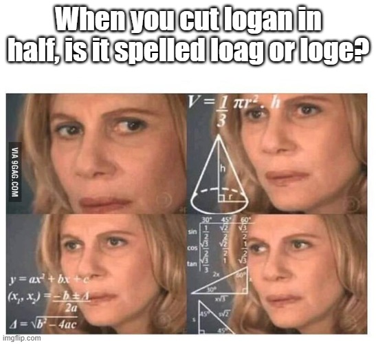 Thinking lady | When you cut logan in half, is it spelled loag or loge? | image tagged in thinking lady | made w/ Imgflip meme maker
