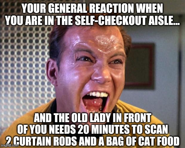People...its ok to NOT USE self-checkout aisles when you cannot follow the instructions. | YOUR GENERAL REACTION WHEN YOU ARE IN THE SELF-CHECKOUT AISLE... AND THE OLD LADY IN FRONT OF YOU NEEDS 20 MINUTES TO SCAN 2 CURTAIN RODS AND A BAG OF CAT FOOD | image tagged in captain kirk screaming,shopping | made w/ Imgflip meme maker