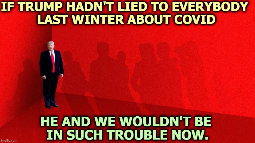 Trump painted himself into a corner when he chose lying over telling the truth. | IF TRUMP HADN'T LIED TO EVERYBODY 
LAST WINTER ABOUT COVID; HE AND WE WOULDN'T BE 
IN SUCH TROUBLE NOW. | image tagged in trump,liar,murderer | made w/ Imgflip meme maker