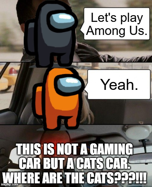 The Rock Driving Meme | Let's play Among Us. Yeah. THIS IS NOT A GAMING CAR BUT A CATS CAR.
WHERE ARE THE CATS???!!! | image tagged in memes,the rock driving | made w/ Imgflip meme maker