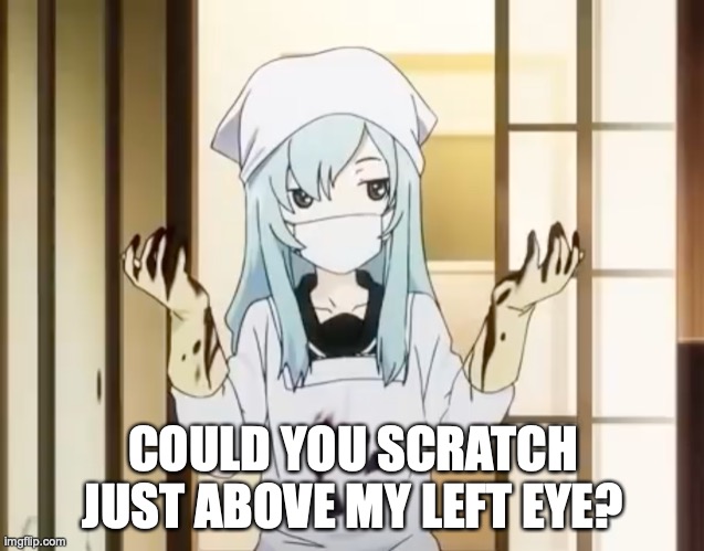 Preferably With an Ice Pick | COULD YOU SCRATCH JUST ABOVE MY LEFT EYE? | image tagged in bloody mero,memes,anime,do it,fine i'll do it myself | made w/ Imgflip meme maker