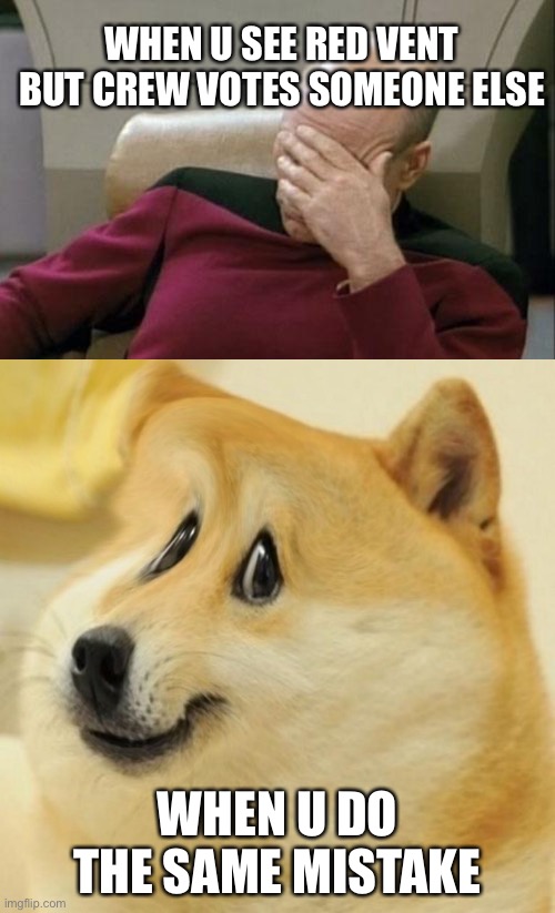 WHEN U SEE RED VENT BUT CREW VOTES SOMEONE ELSE; WHEN U DO THE SAME MISTAKE | image tagged in memes,captain picard facepalm,nervous smile doge | made w/ Imgflip meme maker