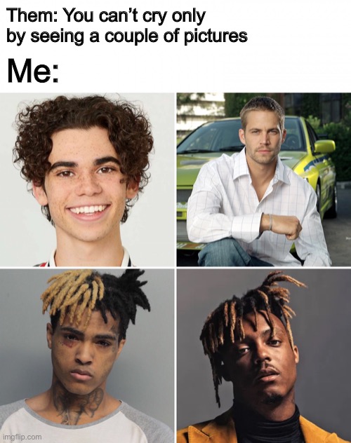 R.I.P. |  Them: You can’t cry only by seeing a couple of pictures; Me: | image tagged in memes,paul walker,xxxtentacion,rap,music,rip | made w/ Imgflip meme maker