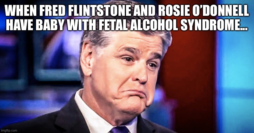 Sean Hannity | WHEN FRED FLINTSTONE AND ROSIE O’DONNELL HAVE BABY WITH FETAL ALCOHOL SYNDROME... | image tagged in sean hannity | made w/ Imgflip meme maker