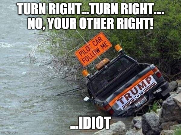 Turn Right | TURN RIGHT...TURN RIGHT....
NO, YOUR OTHER RIGHT! ...IDIOT | image tagged in trump driver,never trump,hesgoingtogetusallkilled,donald trump,donald trump approves | made w/ Imgflip meme maker