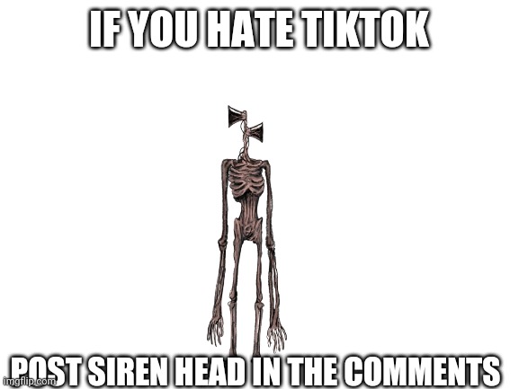 Blank White Template | IF YOU HATE TIKTOK; POST SIREN HEAD IN THE COMMENTS | image tagged in blank white template,tik tok,tiktok,siren head,ancient siren head,tiktok sucks | made w/ Imgflip meme maker