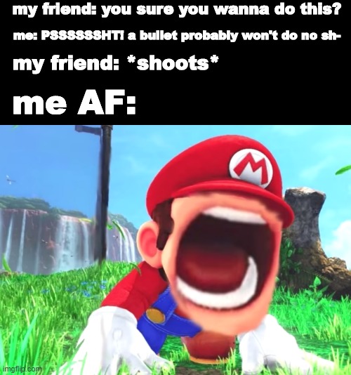 based on life experience | my friend: you sure you wanna do this? me: PSSSSSSHT! a bullet probably won't do no sh-; my friend: *shoots*; me AF: | image tagged in mario screaming,why did i make this,why is the fbi here,why am i doing this,i am running out of ideas | made w/ Imgflip meme maker
