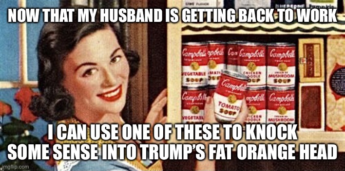 Trump is Getting Our Husbands Back to Work | NOW THAT MY HUSBAND IS GETTING BACK TO WORK; I CAN USE ONE OF THESE TO KNOCK SOME SENSE INTO TRUMP’S FAT ORANGE HEAD | image tagged in 1950s housewife,trump,50s housewife,donald trump,sexist,sexism | made w/ Imgflip meme maker