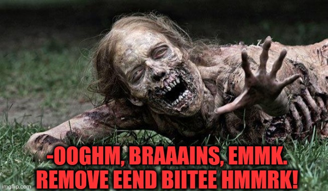 Walking Dead Zombie | -OOGHM, BRAAAINS, EMMK. REMOVE EEND BIITEE HMMRK! | image tagged in walking dead zombie | made w/ Imgflip meme maker