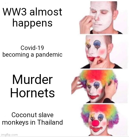 2020 in a nutshell | WW3 almost happens; Covid-19 becoming a pandemic; Murder Hornets; Coconut slave monkeys in Thailand | image tagged in memes,clown applying makeup | made w/ Imgflip meme maker