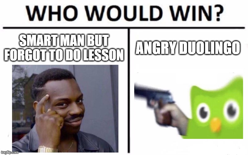 Who Would Win? | SMART MAN BUT FORGOT TO DO LESSON; ANGRY DUOLINGO | image tagged in memes,who would win | made w/ Imgflip meme maker