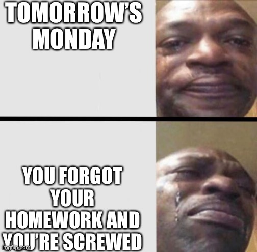rip | TOMORROW’S MONDAY; YOU FORGOT YOUR HOMEWORK AND YOU’RE SCREWED | image tagged in crying black dude weed | made w/ Imgflip meme maker