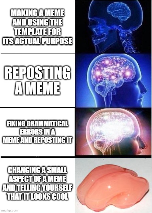 brain am smooth | MAKING A MEME AND USING THE TEMPLATE FOR ITS ACTUAL PURPOSE; REPOSTING A MEME; FIXING GRAMMATICAL ERRORS IN A MEME AND REPOSTING IT; CHANGING A SMALL ASPECT OF A MEME AND TELLING YOURSELF THAT IT LOOKS COOL | image tagged in memes,expanding brain,smooth brain | made w/ Imgflip meme maker