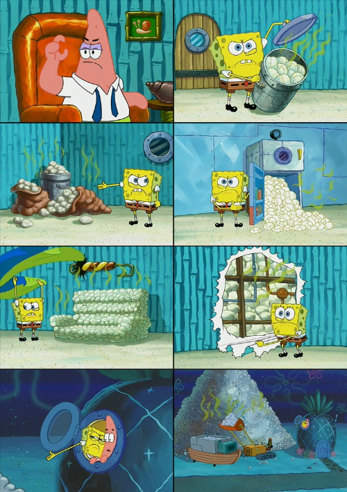 Spongebob shows Patrick lots of trash Blank Meme Template