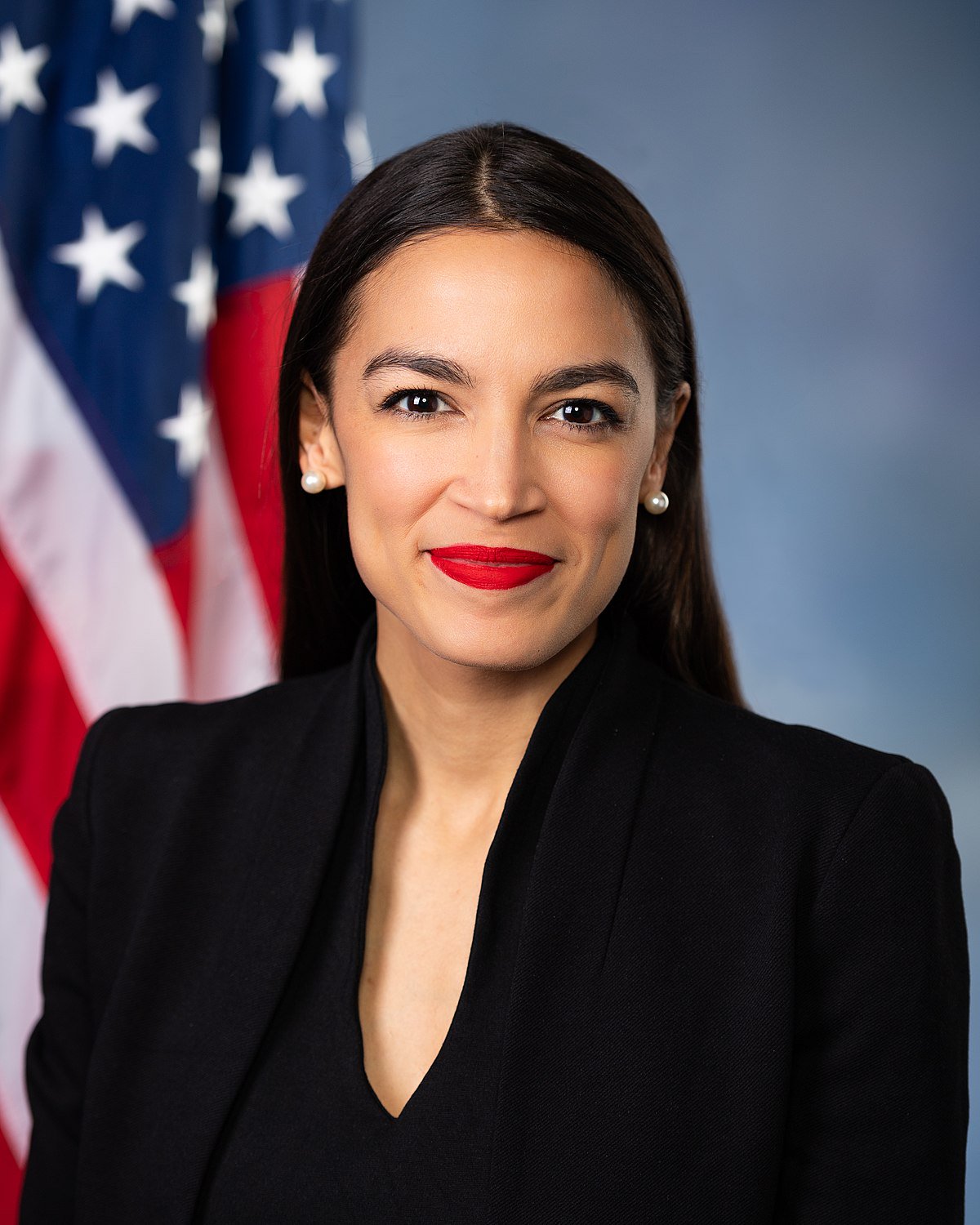 High Quality Congresswoman AOC, formal, with flag Blank Meme Template