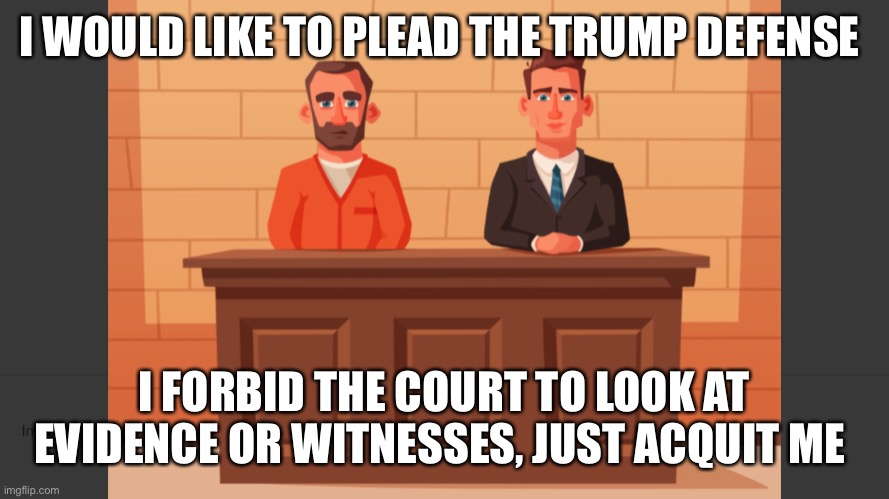 Defendant | I WOULD LIKE TO PLEAD THE TRUMP DEFENSE; I FORBID THE COURT TO LOOK AT EVIDENCE OR WITNESSES, JUST ACQUIT ME | image tagged in defendant | made w/ Imgflip meme maker