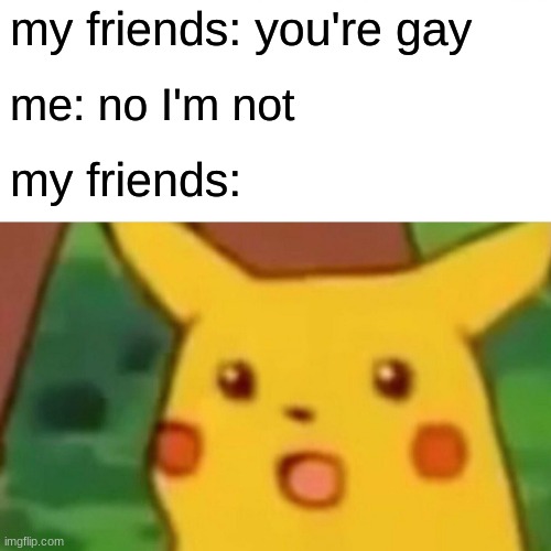 they insist on me being gay | my friends: you're gay; me: no I'm not; my friends: | image tagged in memes,surprised pikachu | made w/ Imgflip meme maker